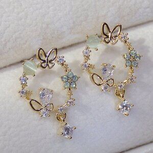 NEW 14K Gold Plated Diamond Flower Butterfly Circle Earrings